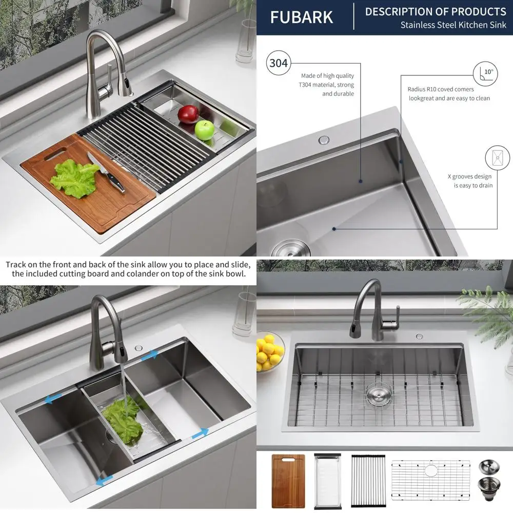 

33 Single Bowl Drop-In Kitchen Sink, 33x22x10, 304 Stainless Steel, 16 Gauge with Accessories