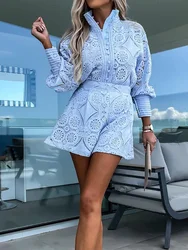 Women Summer Solid 2PCS Sets Loungewear Fashion Stand Collar Cardigan Top Ladies Outfit 2023 Slim Hollow Streetwear Dropshipping