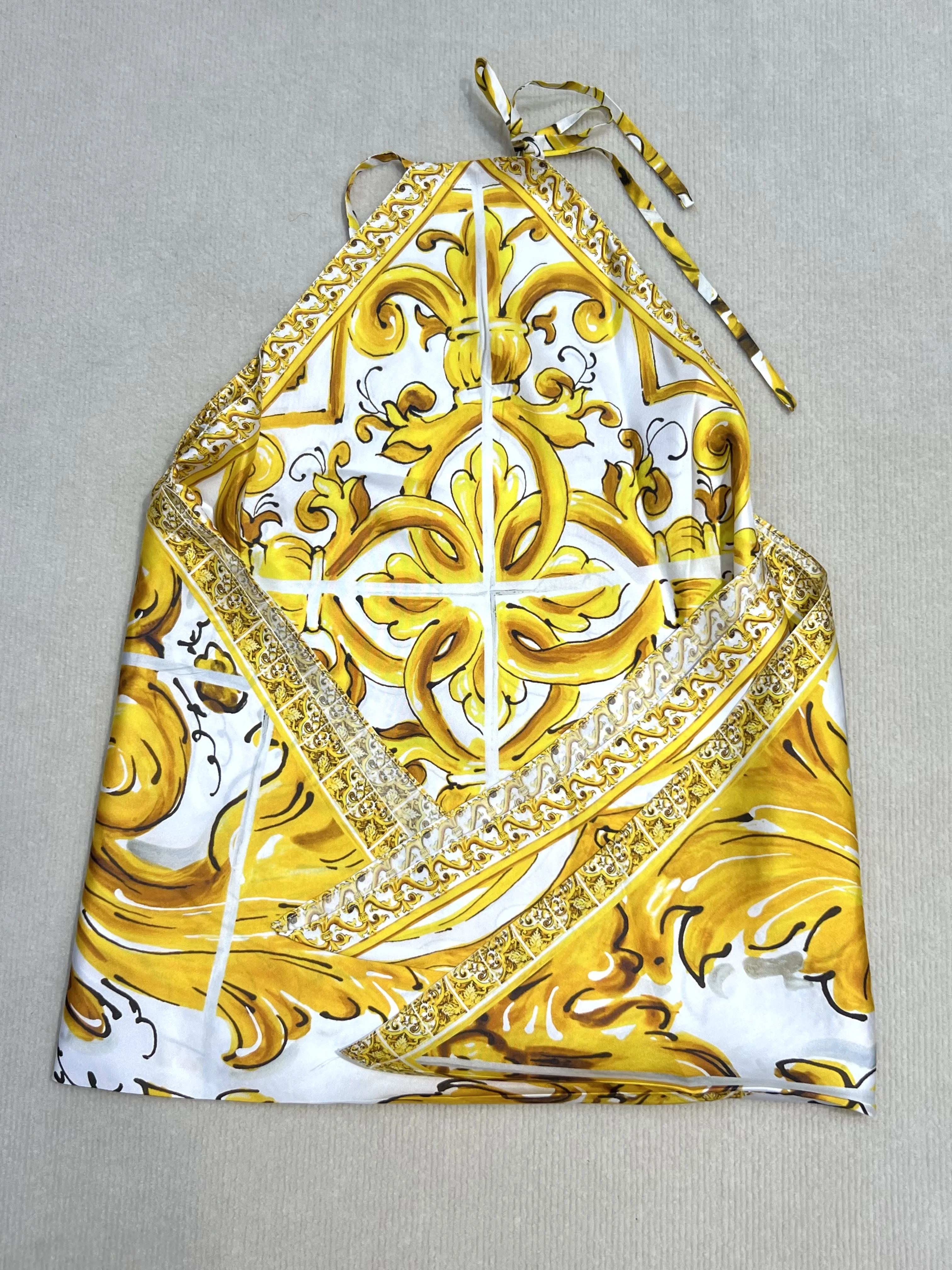 Bohemian Silk Top for Women, 100% Silk, Retro, Yellow, Porcelain, Luxury, Sexy, Summer, 2024