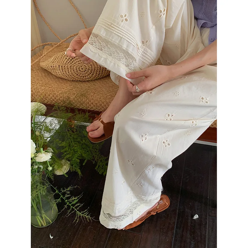 

Vintage Embroidery Cut-out Slacks Summer 2025 New Lace Panelled Wide-leg Pants