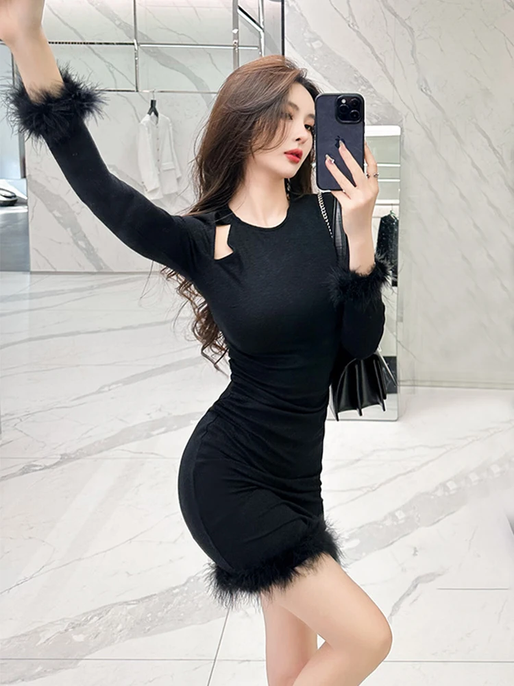 Frühling Mode Sexy Schwarz Kleider für Frauen 2023 Langarm Hohle Cut Out Federn Bodycon Kleid Party Night Club Mini vestido