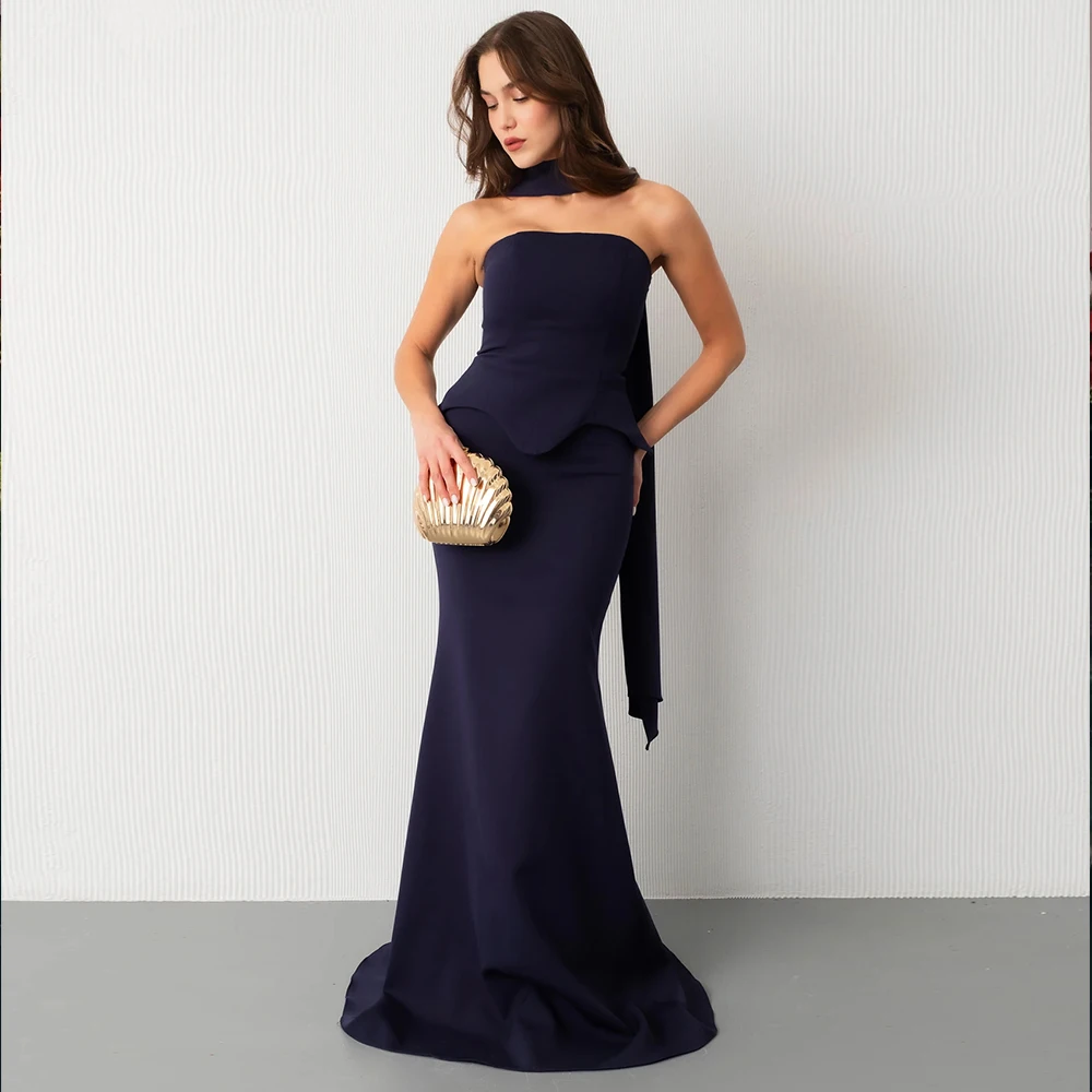 

Customized Strapless Evening Dresses with Halter Scarf Mermaid Elegant Prom Dress Long Formal Gowns for Girls Cocktail Party