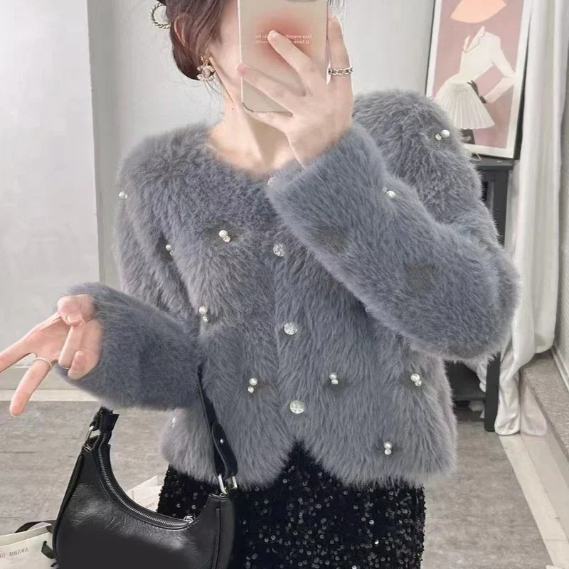 Elegant Korean Fashion Cardigan Imitation Mink Velvet Sweater Women Autumn Winter Bead Short Coats New O Neck Sweet Loose Jacket