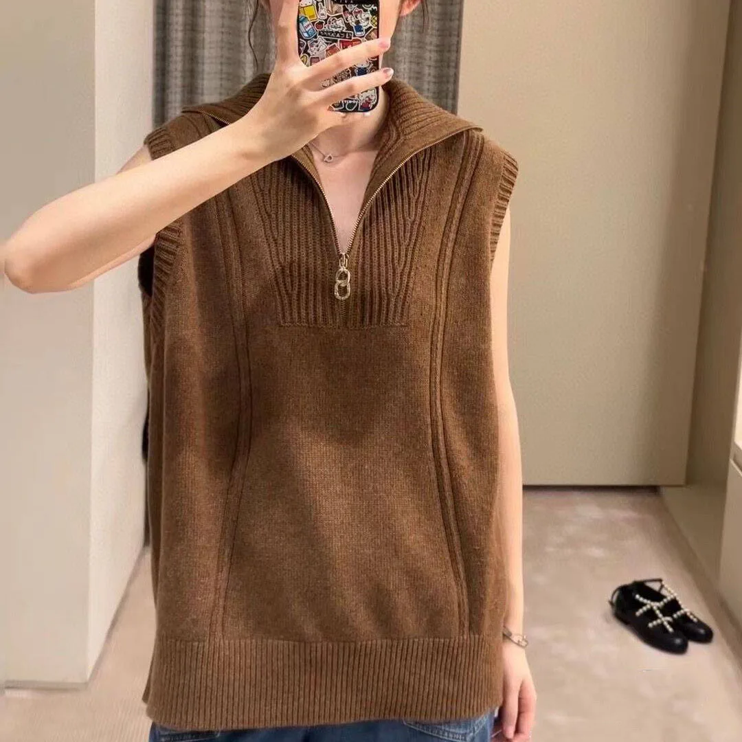 2024 New Fashion Autumn Luxury 100% Goat Cashmere Brown Knitted Tank Pullover Women Lapel Zipper Fly Sleeveless Sweater Vest