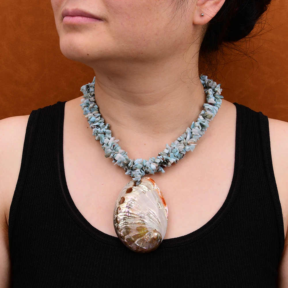 G-G 3 Rows Natural Blue Larimar Stone Chips Necklace Big Mix Color Abalone Shell Pendant 19" view 3