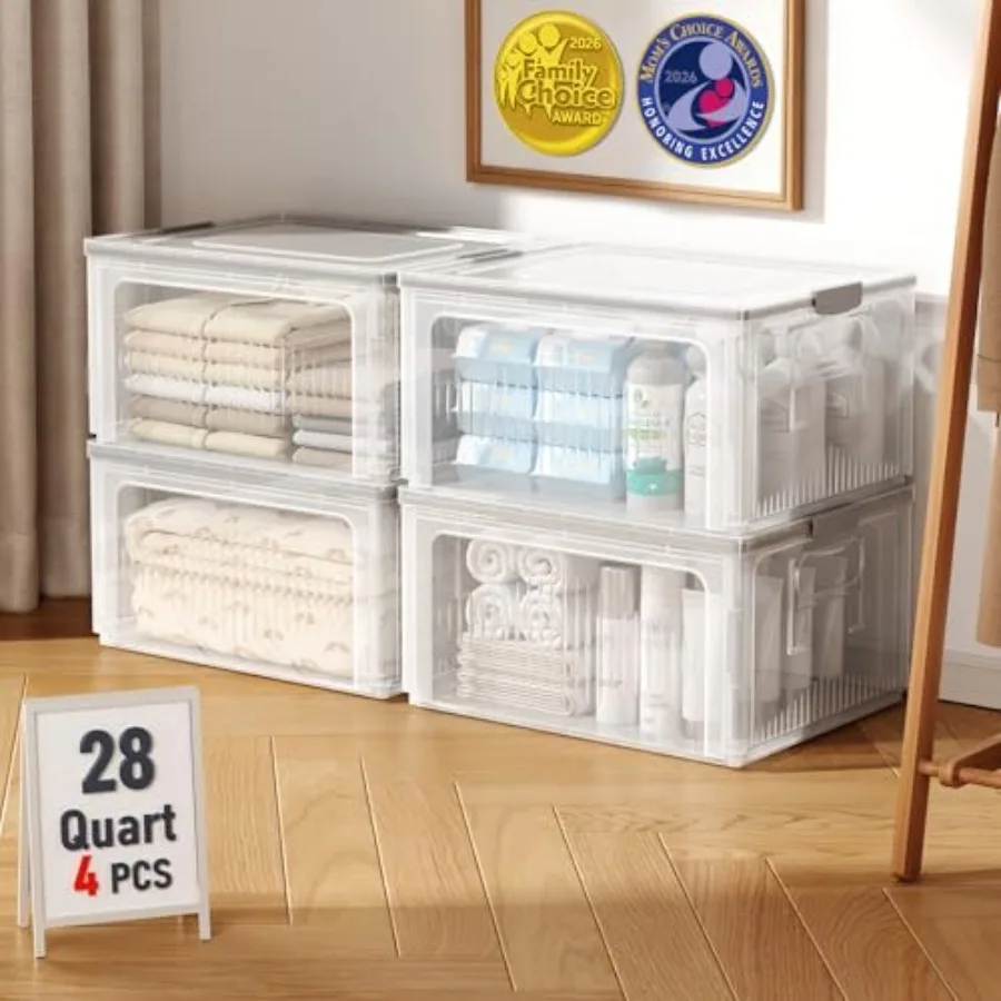 

28QT Stackable Storage Bins with Lids, 4 Pack Plastic Collapsible Organizer Box, Foldable Clear Totes and Containers for Closet