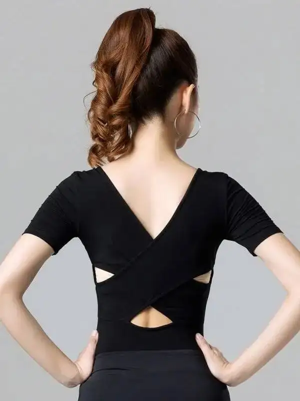 Haut de danse latine pour femmes adultes, nouvelle tenue de danse moderne, pratique ajourée, coupe cintrée, T-shirt latin, robe de danse