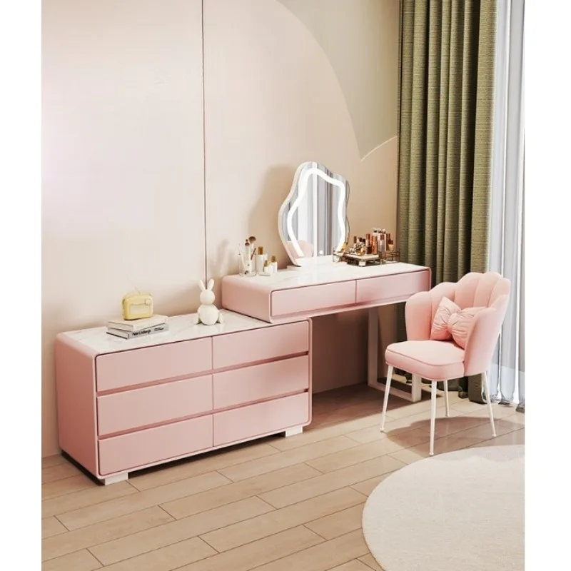 

All solid wood cream wind pink dresser bedroom simple rock slab makeup table chest integrated