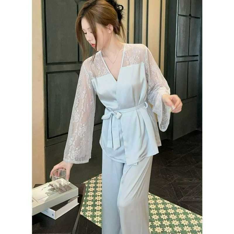 Lace V-neck Pajamas for Women 2026 Spring Autumn New Fashion Ice Silk Long-sleeved Thin Women Sweet Sexy Two-piece Sets