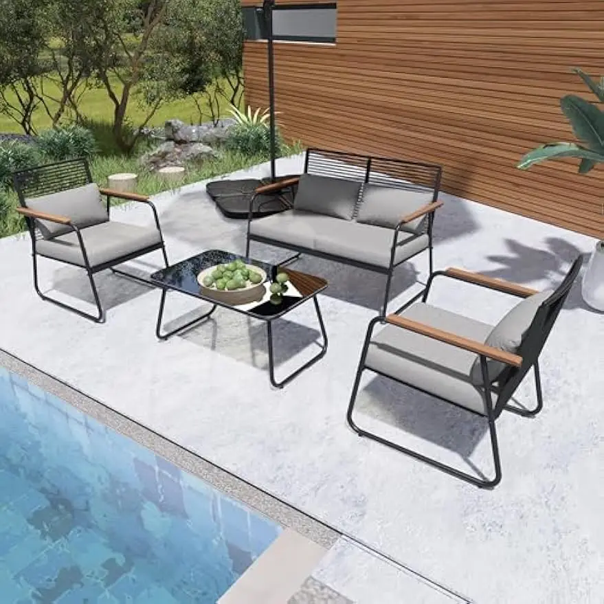 

4-Piece Patio Furniture Set, Outdoor Conversation Sets, Removable & Washable Soft Cushion, Wooden Armrest, Glass Table