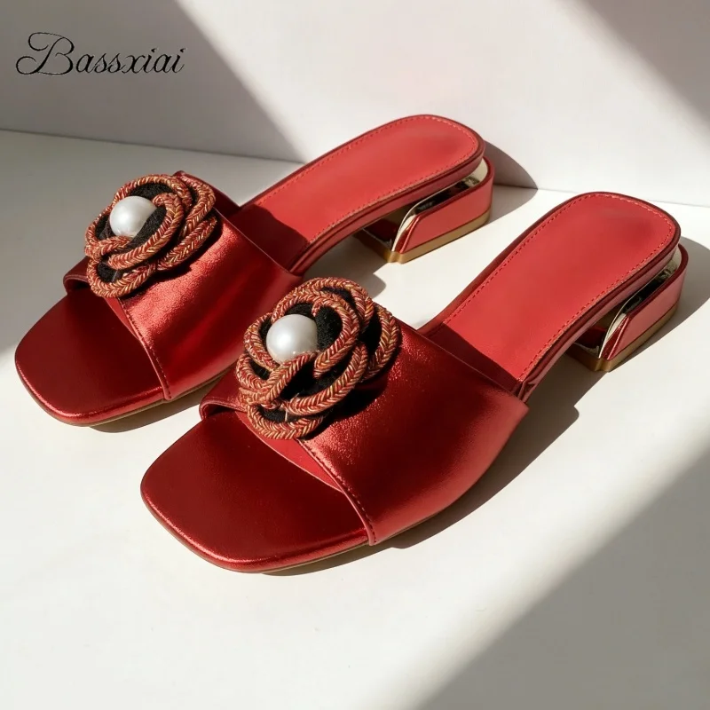 

Элегантные женские мюли ручной работы с цветочным декором, весенне-летние, с открытым носком, на тонком каблуке, с ремешком на пятке