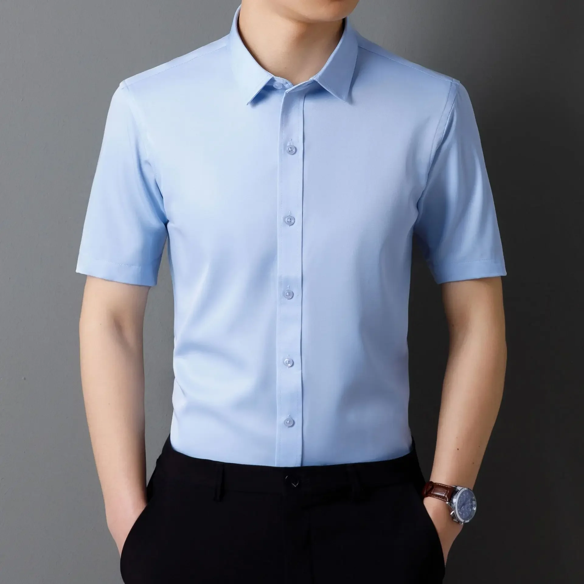 M~6XL New Summer Thin Elastic Solid Color Shirt Anti-wrinkle and Non-ironing Office Dress for Young and Middle-aged People.