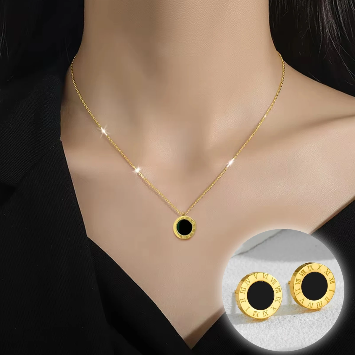 3-teiliges Set Edelstahl Schwarz Emailliertes Römisches Ziffernblatt Anhänger Ohrringe Halskette Set, Geburtstagsgeschenke, Partygeschenke