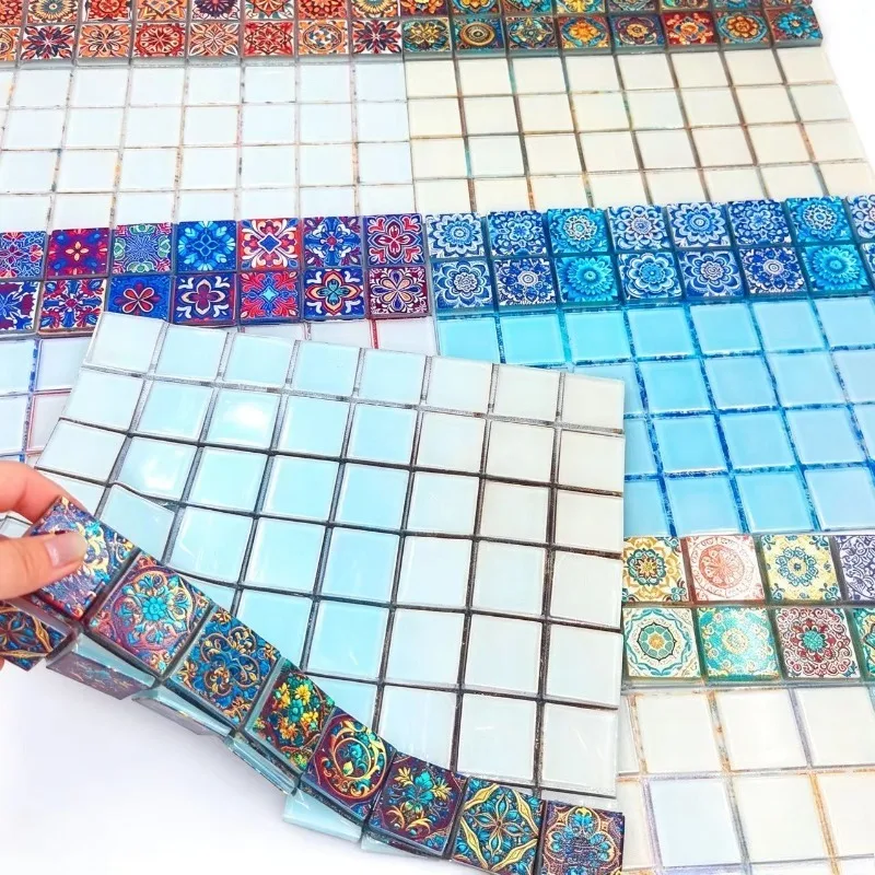 64-Piece Mosaic Glass Tile Set for Entrance Background Walls Bathroom Vanities Bar Tops Outdoor Courtyard Landscape Decorations