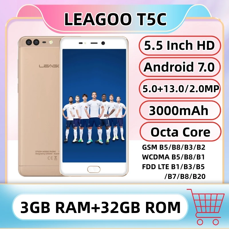 LEAGOO T5C Smartphone, Octa Core Mobile Phone, 3GB RAM, 32GB ROM, 13.0MP + 2.0MP, 3000mAh, WiFi, Android 7.0, 5.5 