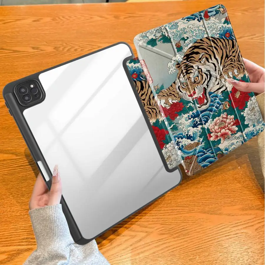 Wave Peony Tiger With Pen Slot Cover Tablet Case For iPad 10th Gen 9th Air 8 M2 M3 3 Mini 7 6 5 12th Pro M4 13 2025 2026 11th