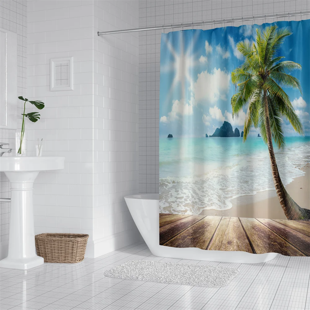 1pc Coconut Coaste Shower Curtain Bathroom Partition Decorative Curtain Machine Washable Tree Beach Print Window Privacy Curtain