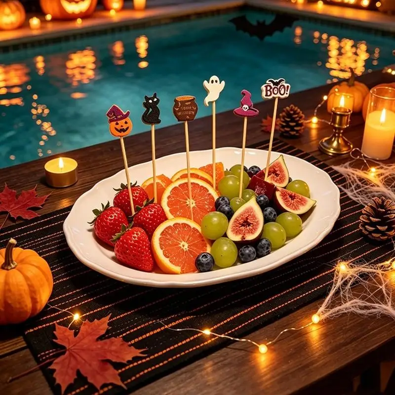 100Pcs Halloween Party Toothpicks Disposable Bamboo Skewers Pumpkin Ghost Fruit Fork Cake Dessert Cocktail Stick Decorations