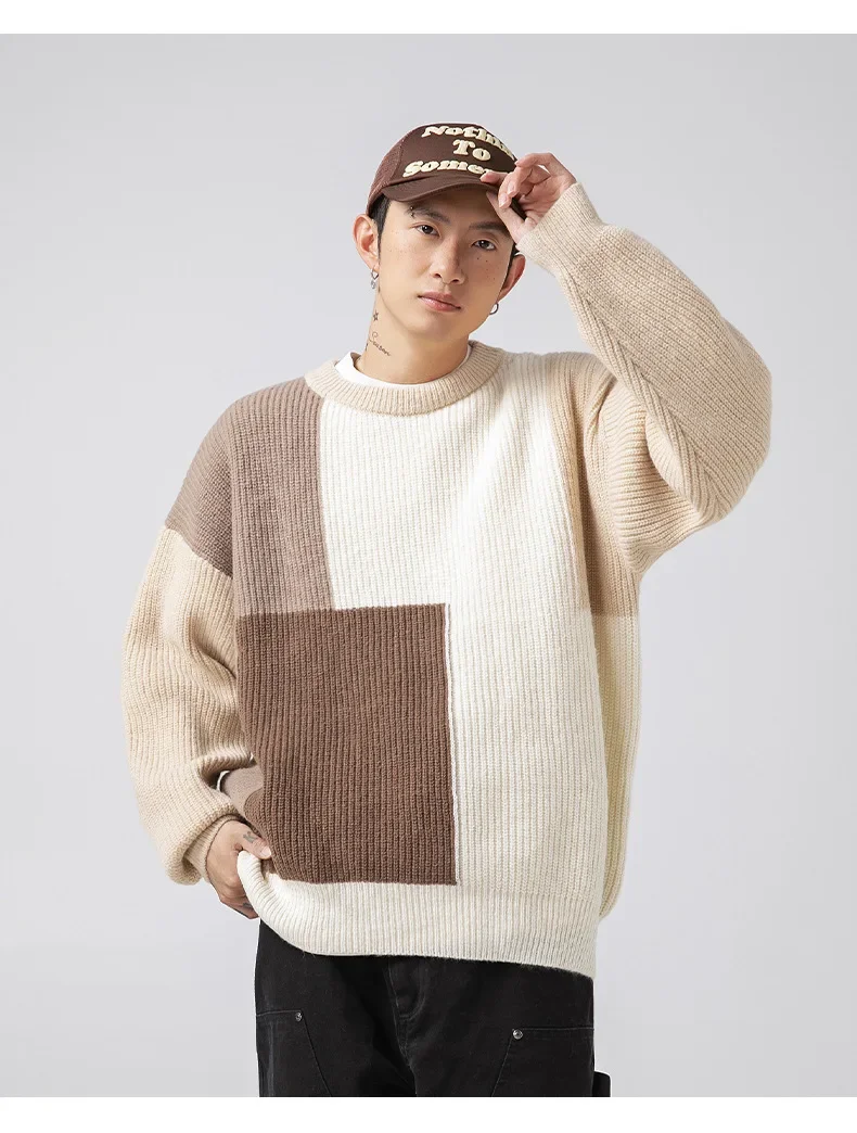 Color block stitching texture pit sweater loose thick needle heavy knitted sweater pullover women