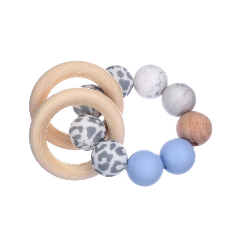 1Pcs Baby Leopard Print Silicone Round Bead Bracelet Beech Wood Teething Round Ring For Baby Nursing Teether Rattle Toy BPA Free