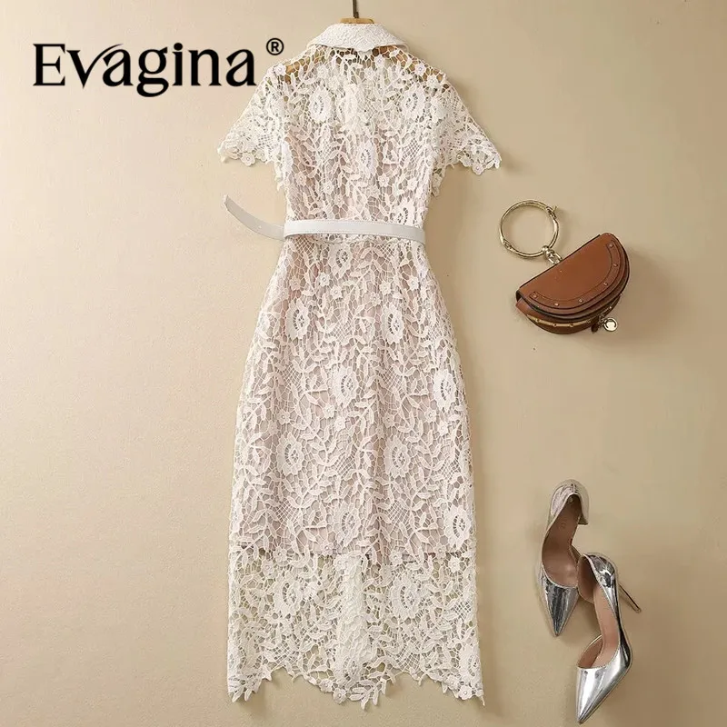 Evagina Fashion Women's New Peter Pan Collar Short-Sleeved Lace-Up Hollow Out Embroidered Lace Single-Breasted Belt MIDI Dress