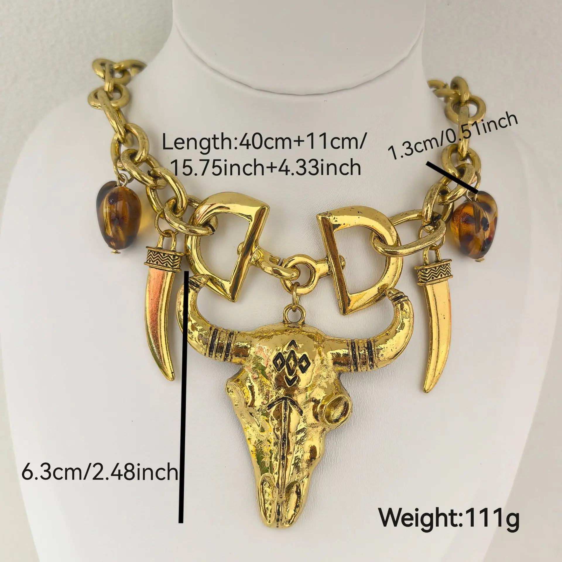 Fashion Exaggerated Thick Lock Clasp Gold Wolf Tooth Bull Head Pendant Necklace Metallic Choker  Personalized Party Jewelry