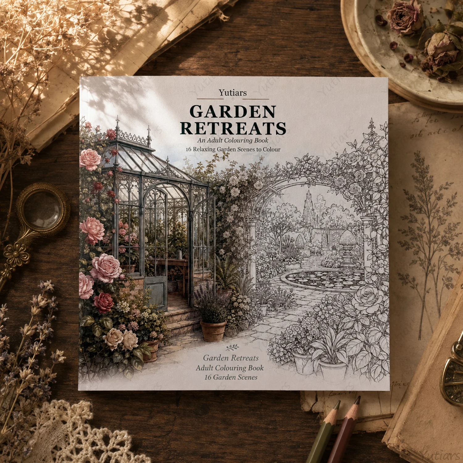 Yutiars Garden Retreats Colouring Book for Adults English Garden Theme 16 Beautiful Scenes 20x20cm Single-sided Paper Hobby