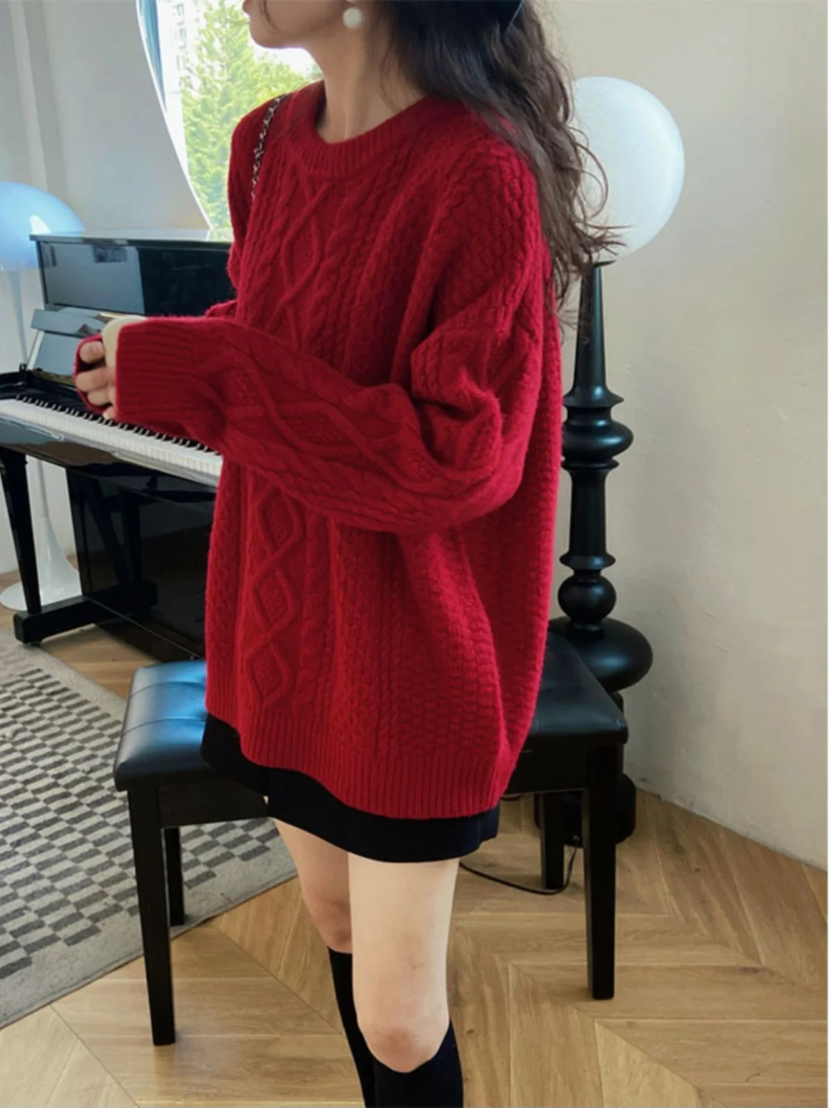 

Loose Knitted Red Sweater Women's Autumn Winter New Year Cisas Twist Hair New Sle Comfortable Lazy Faion round Ne