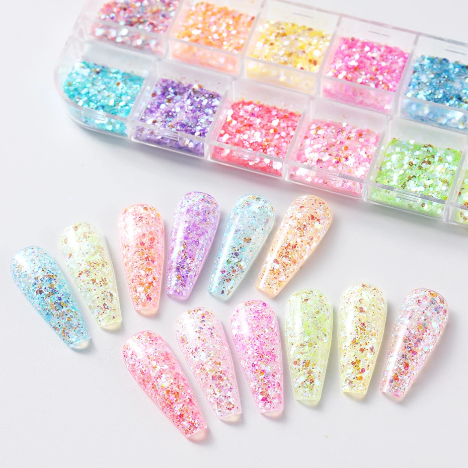 Pó de glitter para unhas 3d, sereia, iridescente, cristal colorido, brilhante, arte de unha, flocos holográficos, lantejoulas hexagonais, decorações de unhas