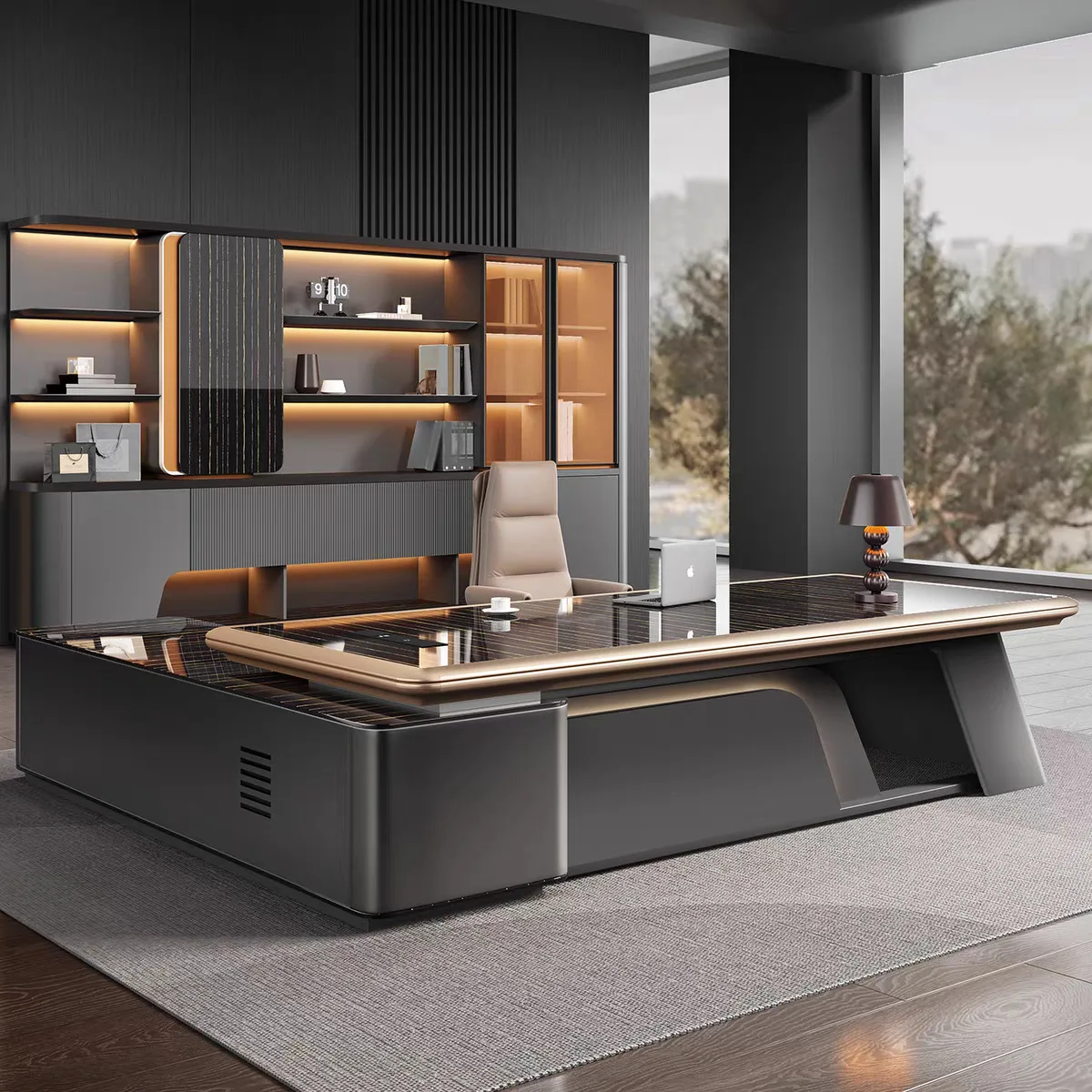 Boss Office President Desk Taipan General Manager Chairperson Desk and Chair Combination Office Furniture Factory