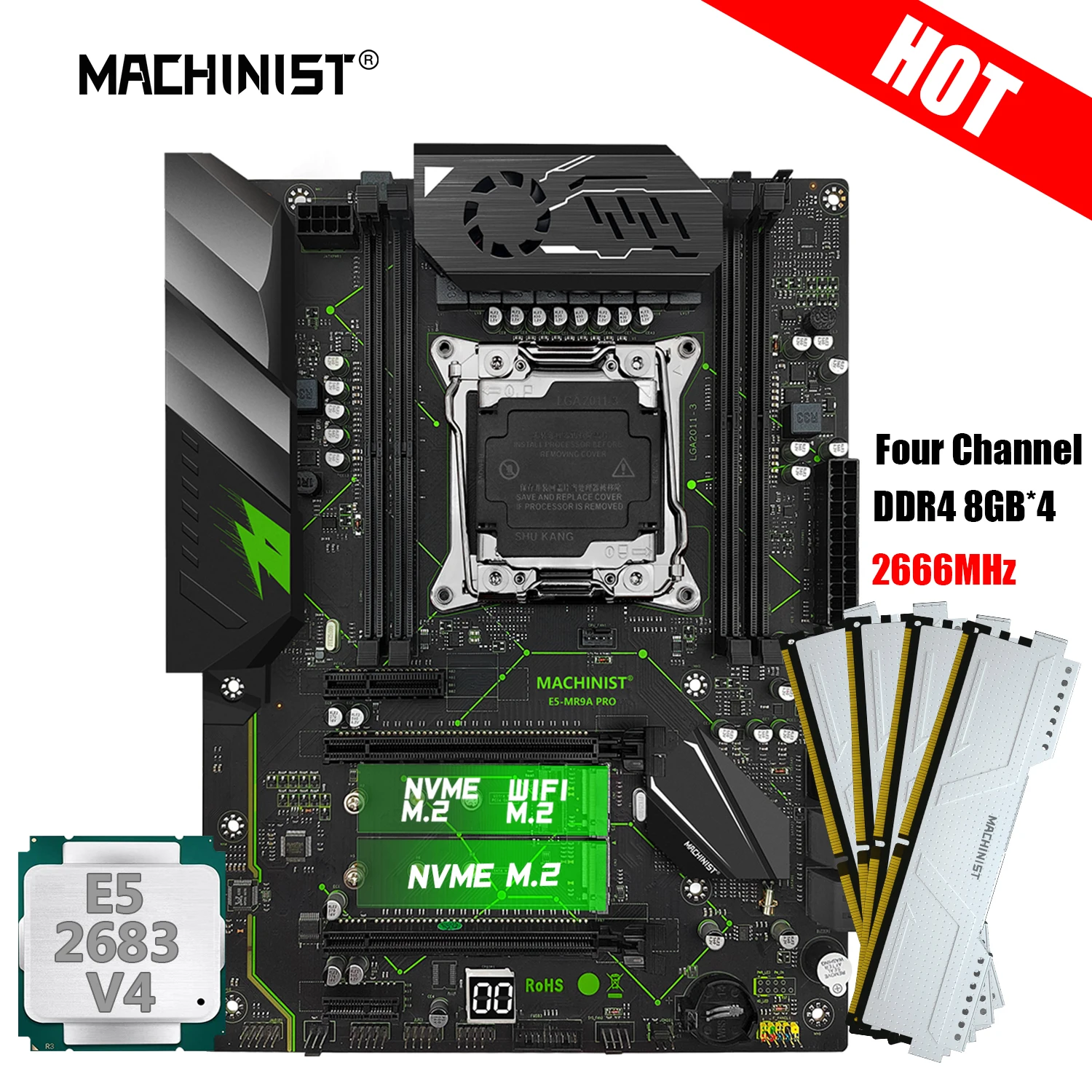 MACHINIST X99 Motherboard MR9A PRO Combo LGA 2011-3 Xeon Kit E5 2683 V4 CPU DDR4 4*8GB 2666MHz RAM Memory SSD NVME Four Channel