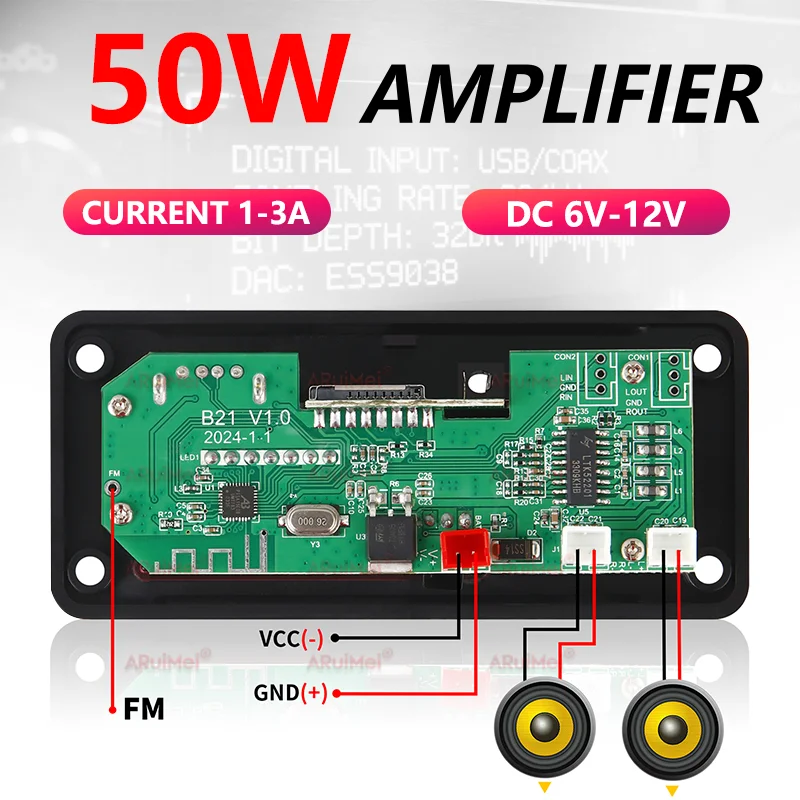 50W Bluetooth Amplifier Board, 2×25W Stereo Audio Amp with MP3 Player, USB/TF/FM/AUX, Remote Control, DC6-12V for Car Home DIY