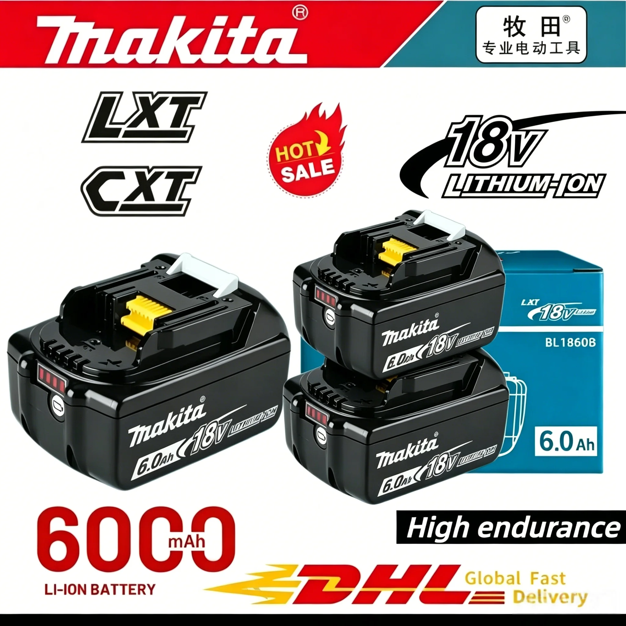 18 Volt, Original Makita BL1860, 6Ah Lithium Battery, Replacement for BL1815, BL1830B, BL1840, BL1850 LXT™ Cordless Tools
