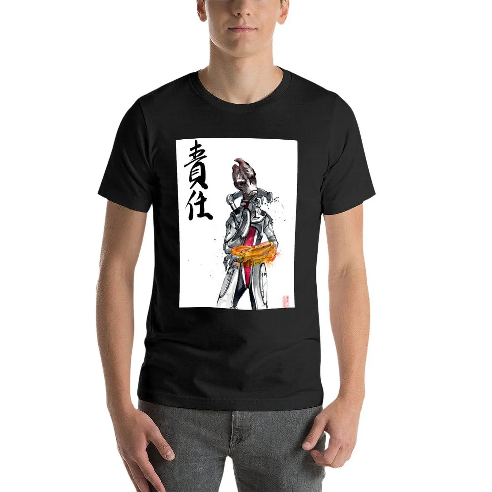 Mordin da Mass Effect Sumie Style con calligrafia t-shirt con responsabilità anime blanks t-shirt nere per uomo