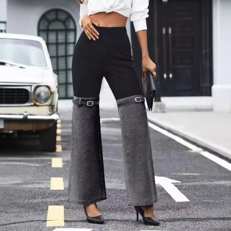 Women\'s Autumn New Fashion Knit Elastic Waist Patchwork Denim Wide-leg Pants, Temperament Commuter Casual Slim-fit Long Pants