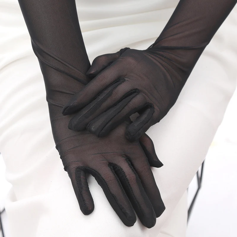 Guantes largos transpirables de malla de tul para mujer, manoplas Anti-UV para conducir, elegantes y sexys, de encaje fino y elástico, color negro