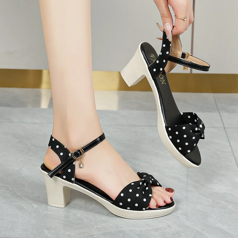 Fashionable Polka Dot Thick Heel Women's Heeled Mules 2026 Summer New Bow Design Round Head Women Shoes Мюли Женские На Каблуке