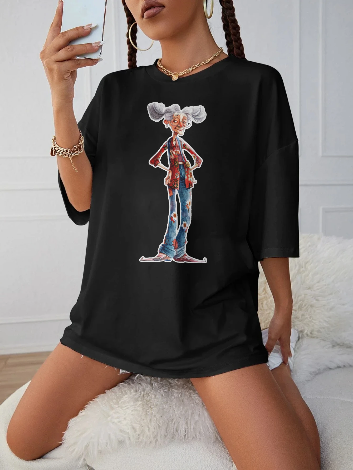 

Женская футболка свободного кроя Quirky-Whimsical-Crazy-Grandma-Clipart с круглым вырезом для беременных, черная с круглым вырезом для лета и поздней беременности