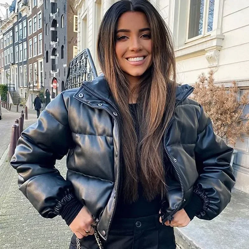 Tavimart Winter Jacket Women Super Hot Fashion Stand Collar Short Parkas PU Warm Women Jacket Casual Thick Coats Female Clothes Women