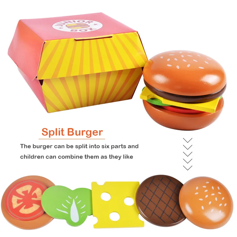 Children\'s simulation food toy set, wooden simulation burger, fries, wooden blocks, role-play, kitchen/shop, early learning toys