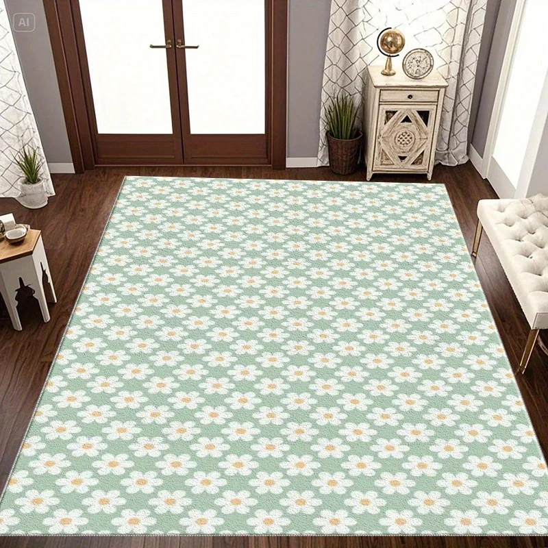 Mint Green Daisy Floral Area Rug Small White Daisy All‑Over Print Floor Carpet for Living Room Bedroom Decor Gift Ornament