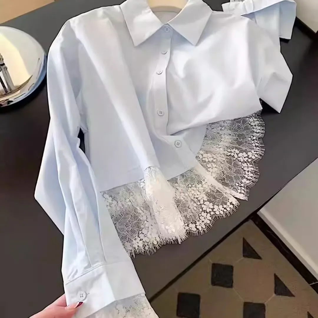 

French Lace Patchwork Shirt 2025 Spring Summer Women Elegant Blouse Femae Longsleeve Blue Shirt Office Lady Base Shirt