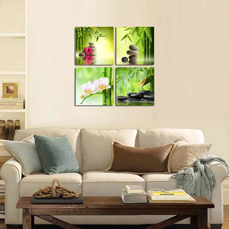 4 Pcs Bamboo Landscape Flowers and Stones Flower Floral Posters Canvas Wall Art Pictures Home Decor Paintings Room Decorations