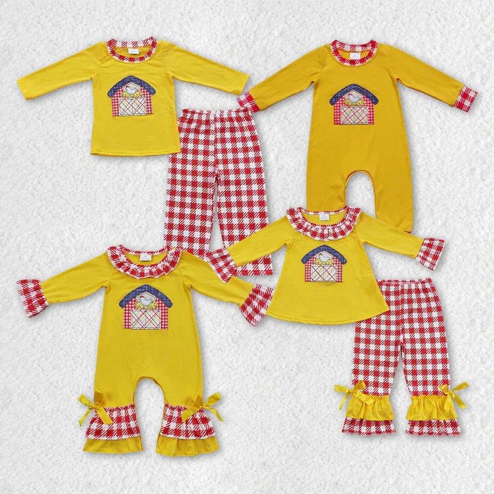 

BLP0198 Wholesale baby boys clothes Embroidery Farm long sleeve pants sets Summer Boutique toddler girls clothes baby rompers