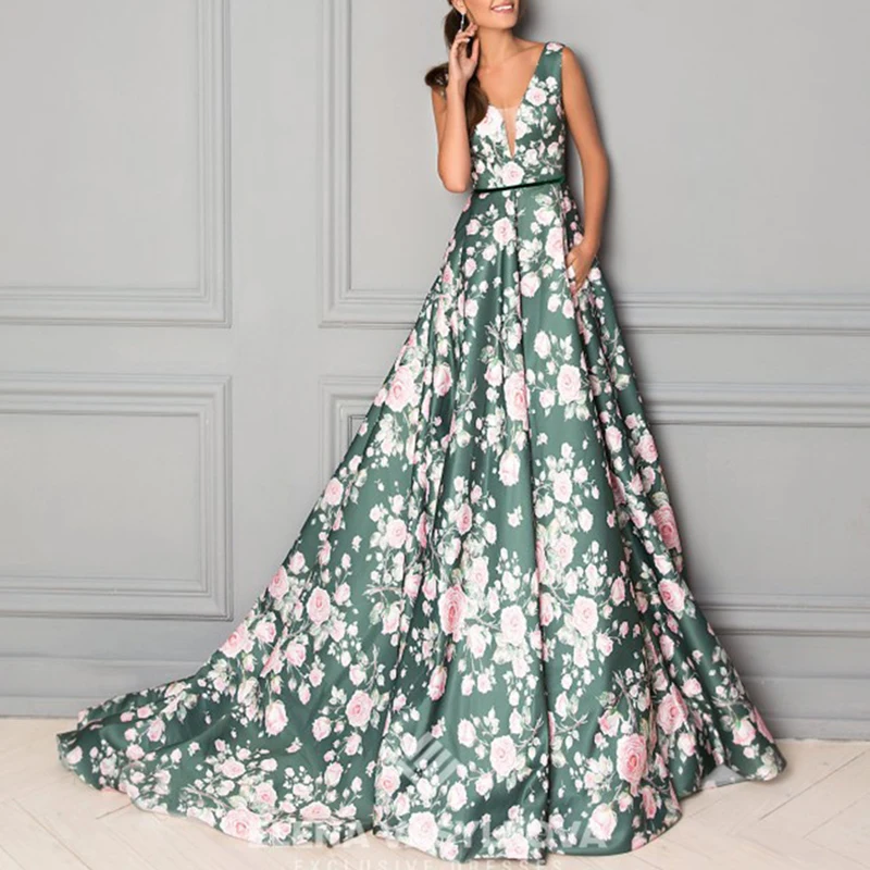 Elegante decote em v boêmio grande balanço vestido feminino moda oco para fora cintura alta bohe vestido longo sexy sem mangas impresso vestido de festa