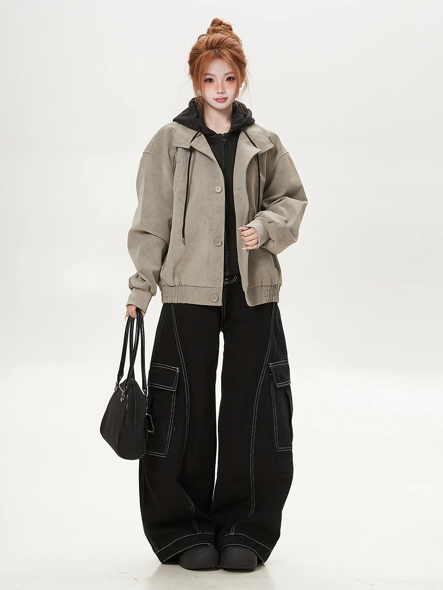 Ant American Retro Spliced Hooded PU Jacket Loose UnisexBF Style Leather Coat Outerwear for Men And Women with Hat