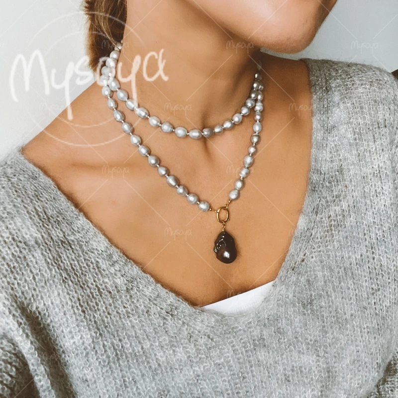

MYSOYA 6-7mm & 11-13mm Grey Rice Freshwater Pearl Black Baroque Pendant Necklace, for Birthday/ Wedding/ Mother's Day Gift A0959