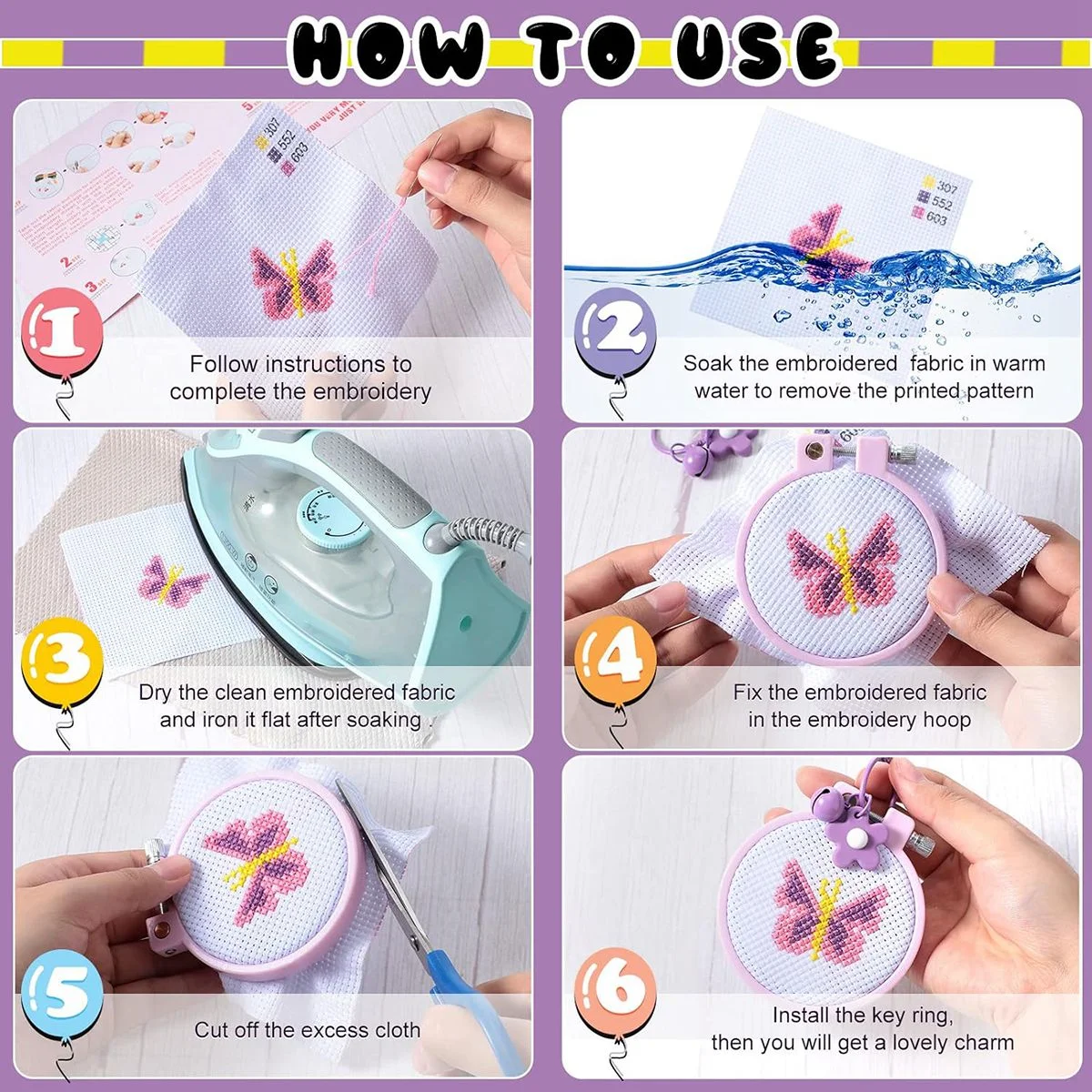 6Pc - for Kids Embroidery Kit for Beginners with Stamped Embroidery Patterns - Kit Craft Supplies