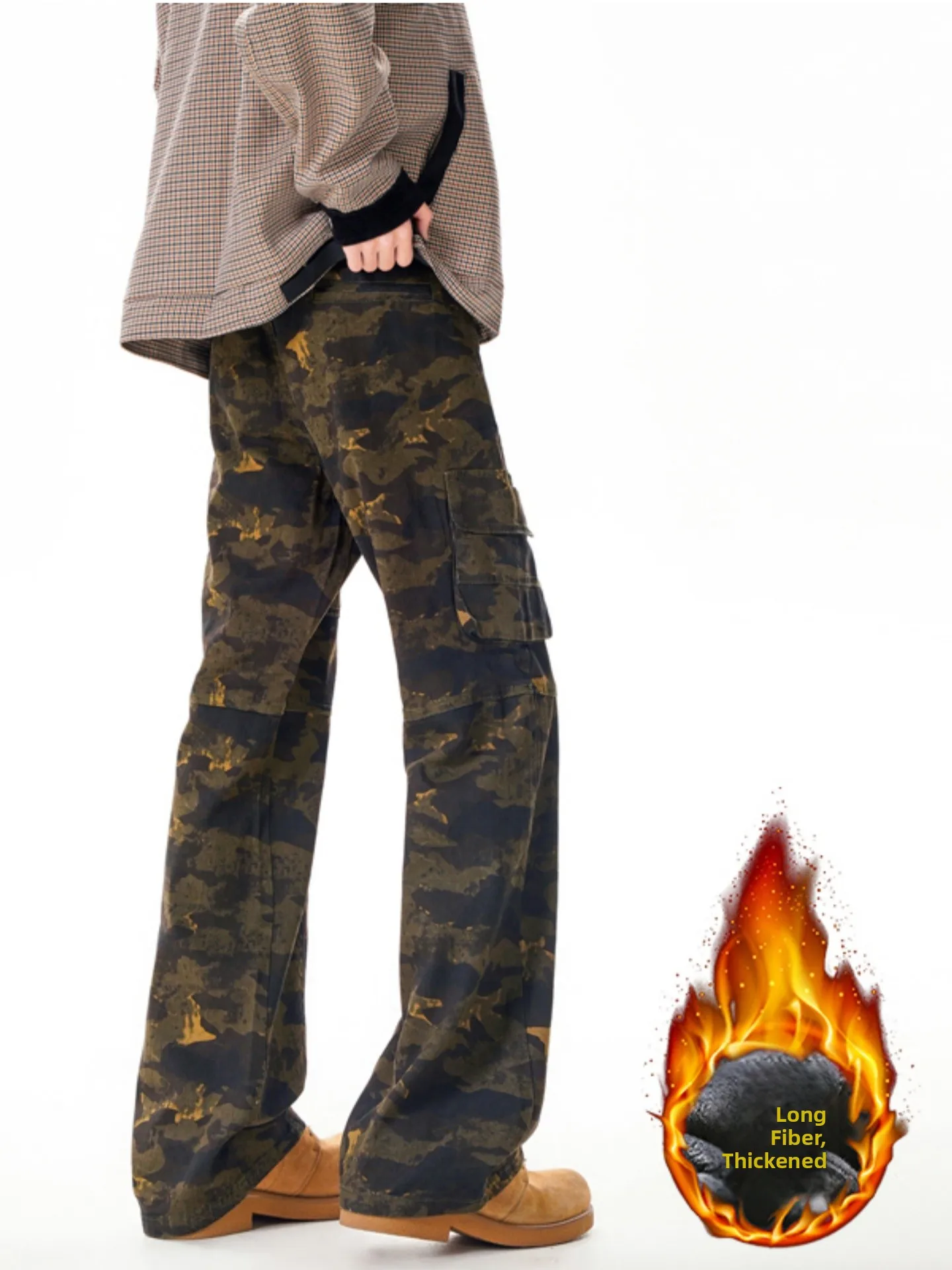 Men's Camouflage Flared Jeans Thickened Fleece Winter Warm Straight Leg Workwear Trousers Comfortable Cotton Polyester Blend