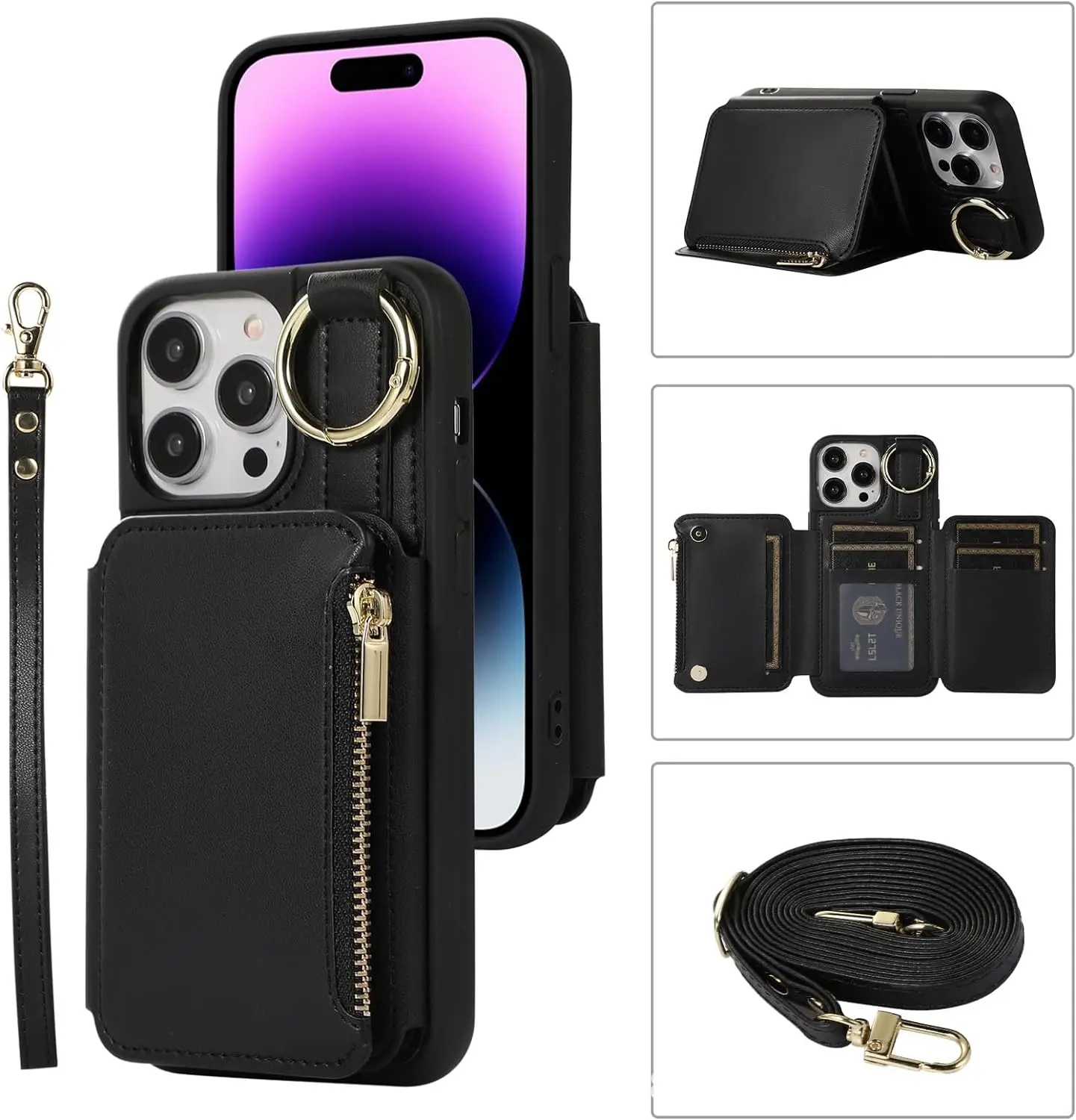 Wallet Case for iPhone 15 Series, RFID Blocking Hand Strap Long Shoulder Strap Leather Cover with Card Slots Holder